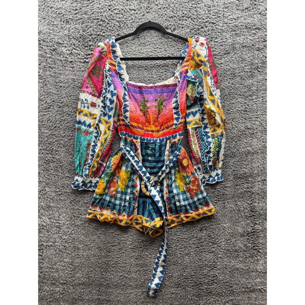 Farm Rio Summer Stitches Square Neck Long Sleeve Romper Multicolor Womens Size S